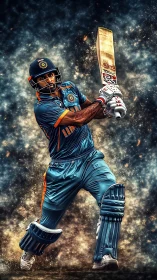 Cricket batsman in Indian kit drives ball with raised bat