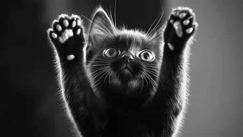 Jubilant Kitten Surrenders with Paws Raised High.