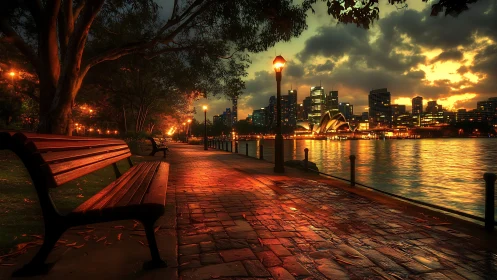 Harbor promenade at dusk with glowing city lights and benches.