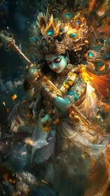 Divine blue-skinned figure holding flute in ornate regalia