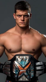 Muscular champion wrestler with metallic X title belt.