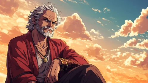 Elder wanderer gazes over a blazing anime sunset sky