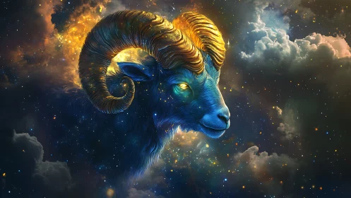 Celestial ram spirit glowing gently among starlit clouds.