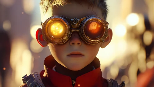 Boy with molten-sun goggles quietly studies a blazing future