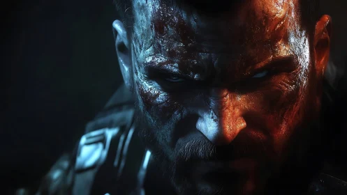 Battle-worn soldier portrait in intense split lighting.