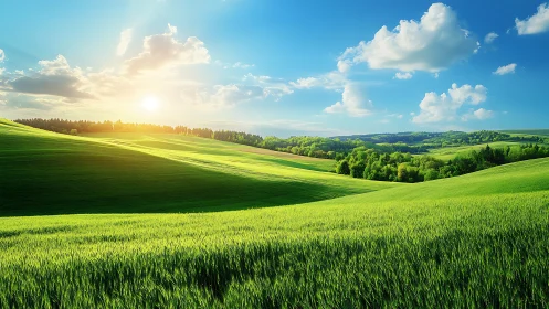 Sunlit emerald hills rolling under a wide dreaming sky.