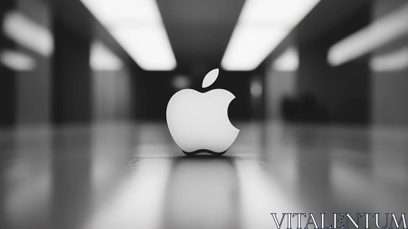 Apple-style logo sculpture on reflective floor in hallway.