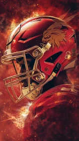 Fiery digital portrait shows armored football player profile