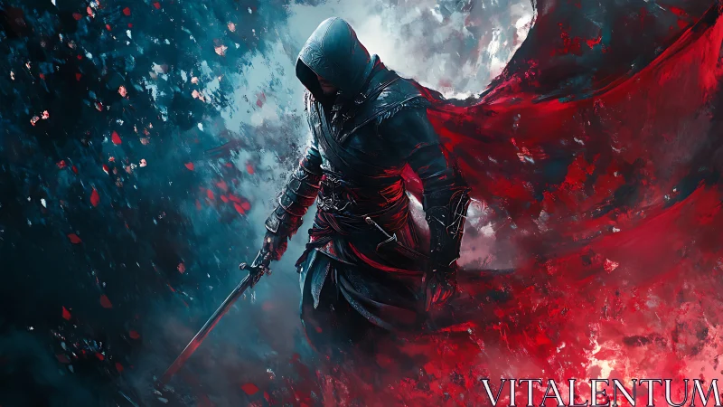 Hooded warrior strides through swirling red and cyan storm