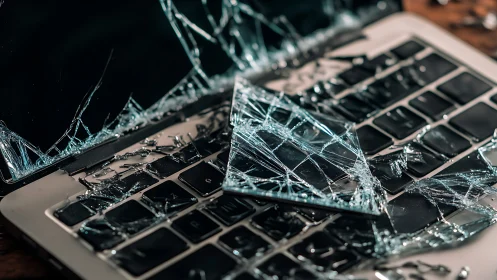 Shattered laptop screen scatters broken glass across keyboard.