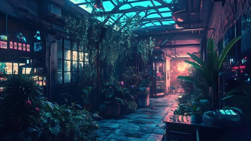 Neon-lit rooftop greenhouse glows over a futuristic city street.