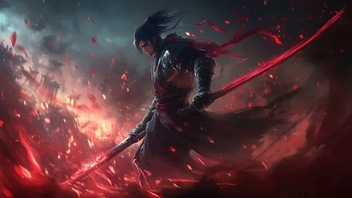 Armored swordsman with red energy blade in burning field.
