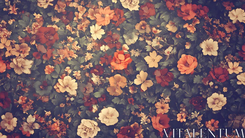 Vintage floral composition with layered warm-toned botanical specimens on dark background.