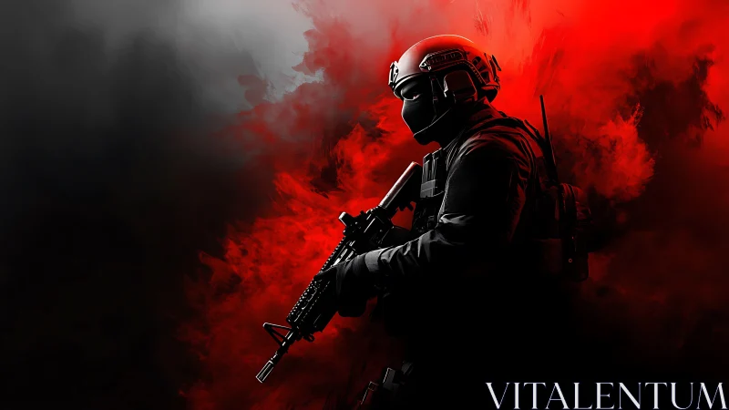 Tactical soldier stalks through red smoke in dramatic profile.