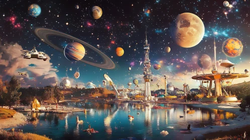 Surreal futuristic lakeside city floats beneath cosmic sky.