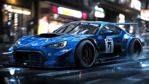 Blue race car roars through neon city streets at night