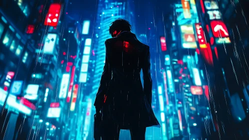 Cyberpunk silhouette in neon-soaked rain-drenched megacity street.