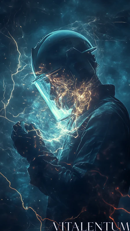 Side-profile technician in helmet interacts with luminous energy field