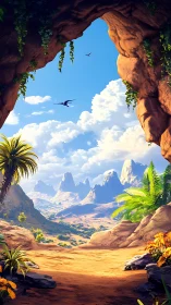 Desert valley vista framed by rocky cave opening.