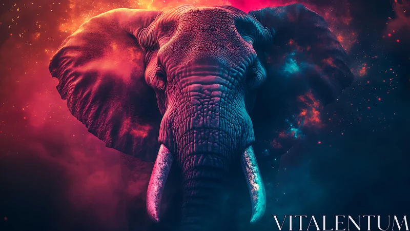 Celestial elephant emerges through neon cosmic embers of night.