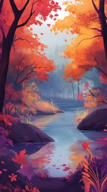 Autumn Forest Stream at Dusk with Red and Orange Foliage.