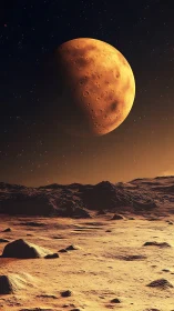 Half-lit cratered planet dominates a desolate orange horizon