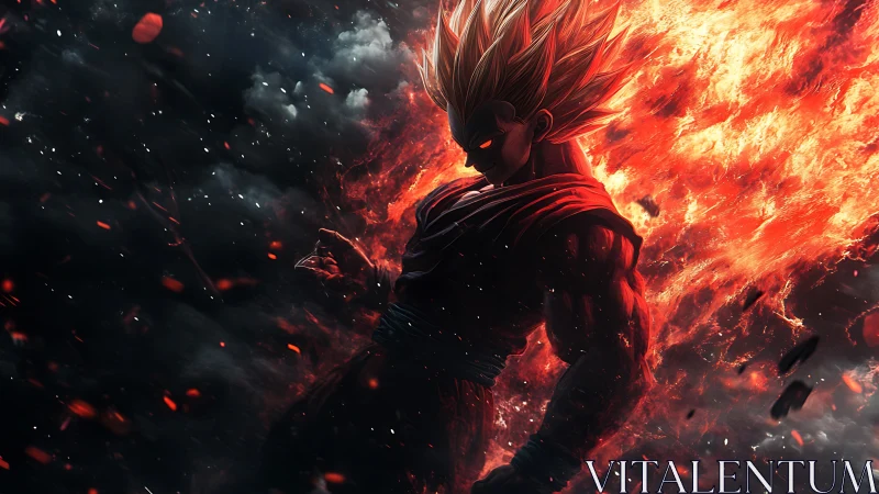 Fiery anime warrior ignites power amid storming embers