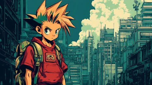 Spiky-haired wanderer sizes up a teal-tinted future city