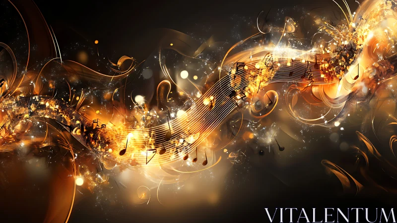 Abstract golden musical notes on swirling dark background.