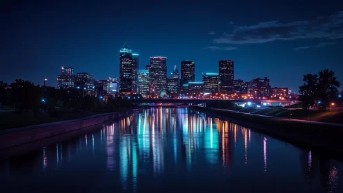 Nocturnal riverside skyline with neon urban light reflections