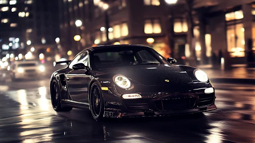 Black sports coupe on wet city street at night in motion.