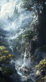 Misty fantasy canyon with waterfalls and hidden ruins.