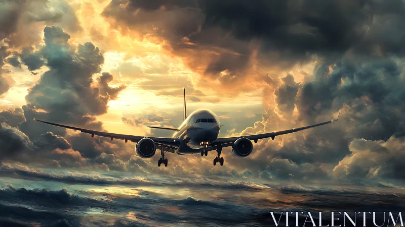 Jetliner descends through storm clouds over reflective ocean.