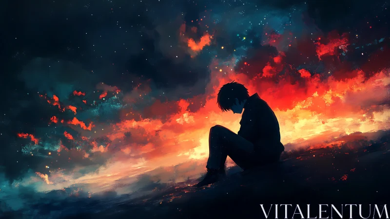 Silhouetted boy sits before blazing nocturnal sky glow