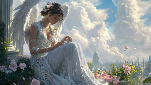 Serene winged bride overlooking sunlit celestial city.