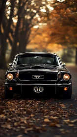 Classic black Mustang amid soft-focus autumn avenue glow.