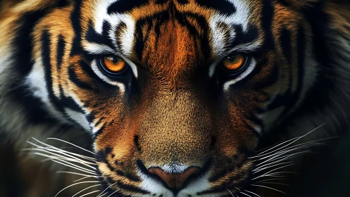 Close frontal view shows detailed tiger face and eyes