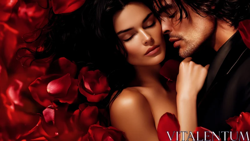 Romantic couple portrait with red rose petals, dramatic golden lighting