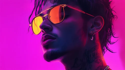 Neon portrait of man in reflective sunglasses and tattoos.