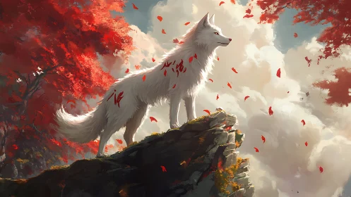 Majestic white spirit fox stands on cliff amid red foliage and clouds