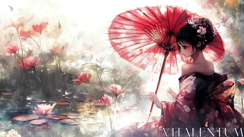 Kimono-clad woman with red parasol beside lotus pond.