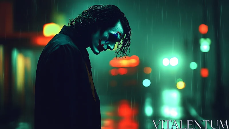 Brooding clown figure under neon rain on a moody street.