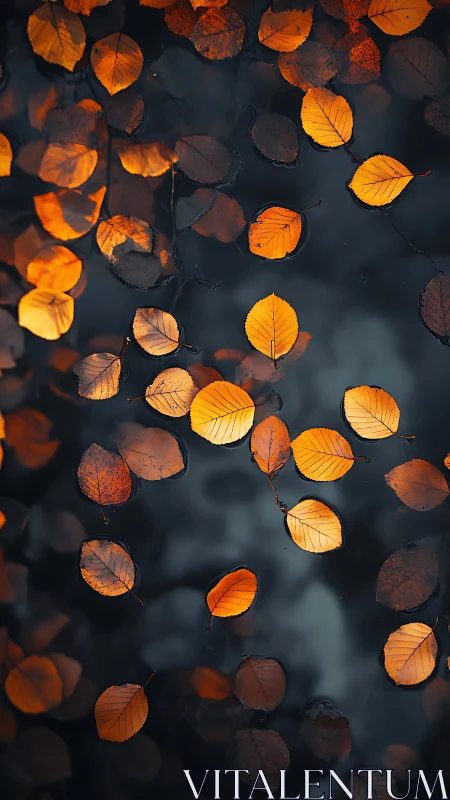 Golden autumn leaves quietly orbit across midnight water