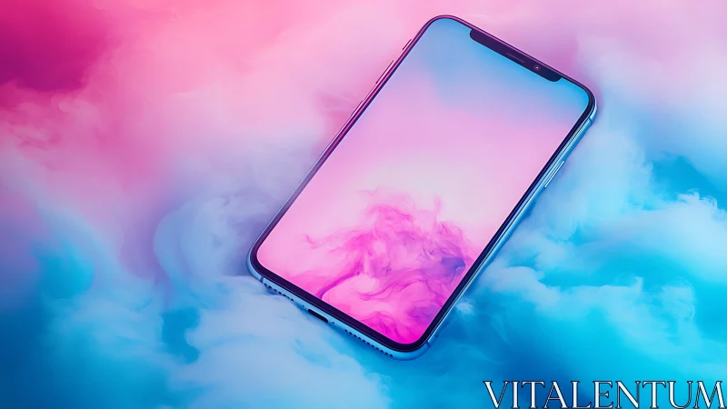 Dreamy smartphone drifting through neon cotton clouds.