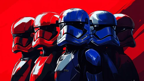 Helmeted sci fi soldiers in red and blue stylized formation.