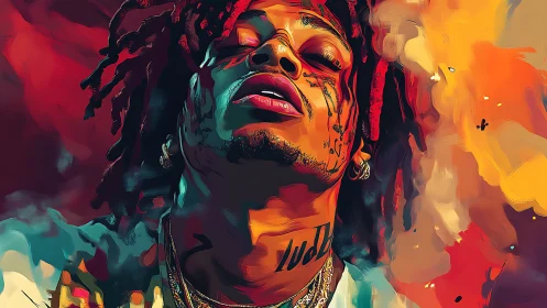 Vivid rap portrait amid blazing abstract color fields.