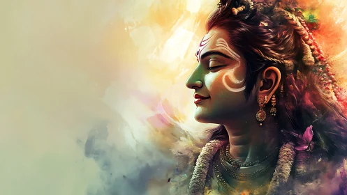 Divine profile portrait in vibrant digital watercolor aura.