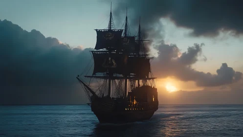 Baroque galleon silhouette advances against a stormlit sunset