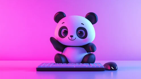 Cute neon panda mascot waves from a vibrant gaming desk