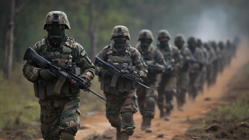 Armed soldiers in camouflage gear march in forest terrain.
